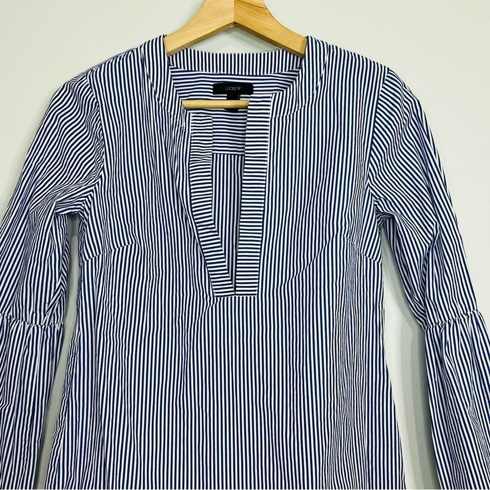 J. Crew Navy Deep V-Neck Bell Sleeve Striped Blouse 000